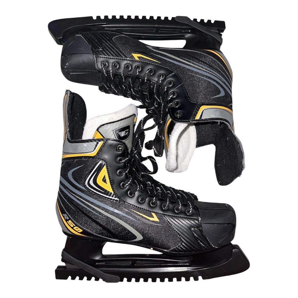 Canadian R50 Mens Ice Hockey Skates Size 13 GUC Black Yellow Gray & Blade Covers